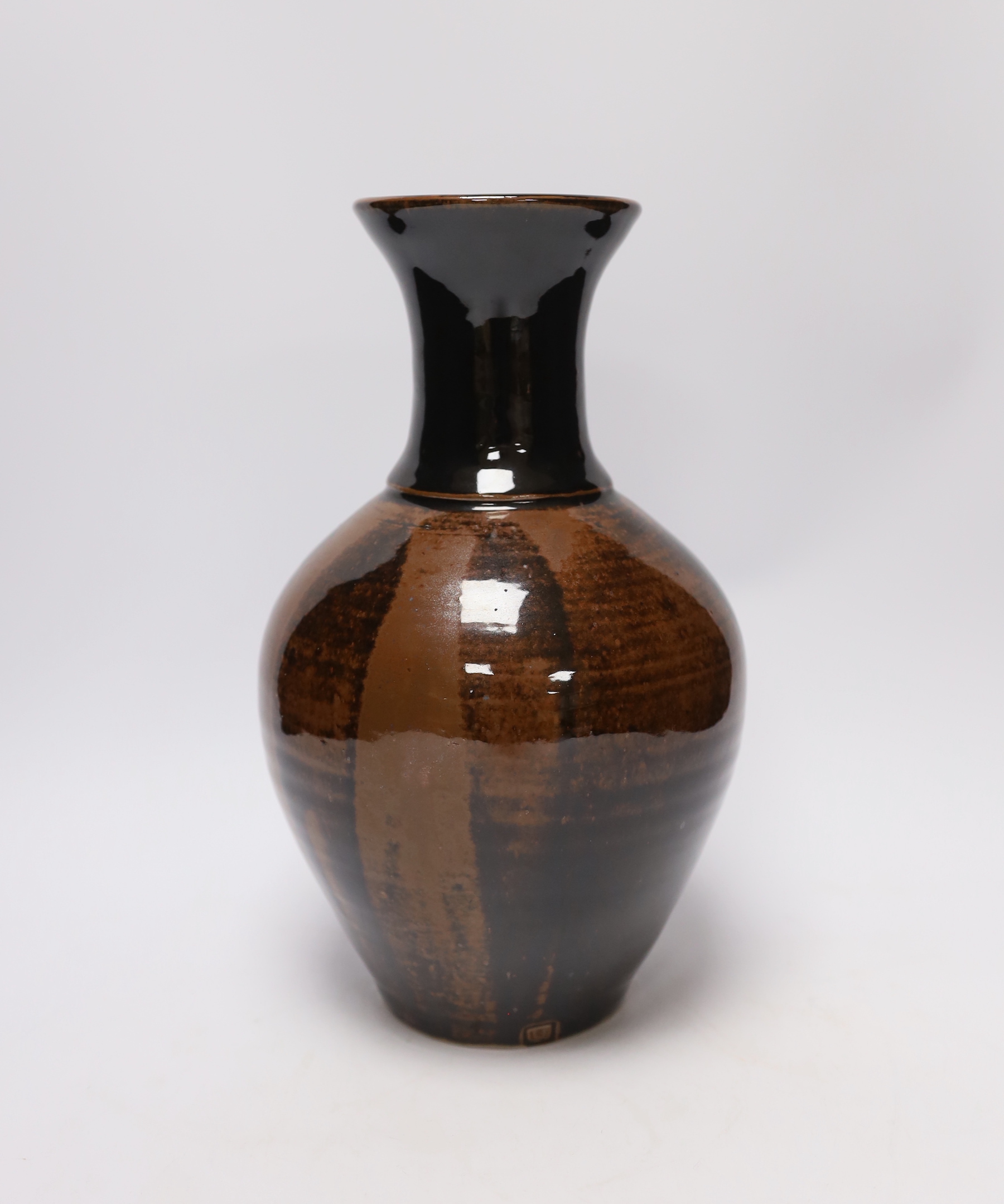 A tenmoku glazed studio pottery vase, 29cm